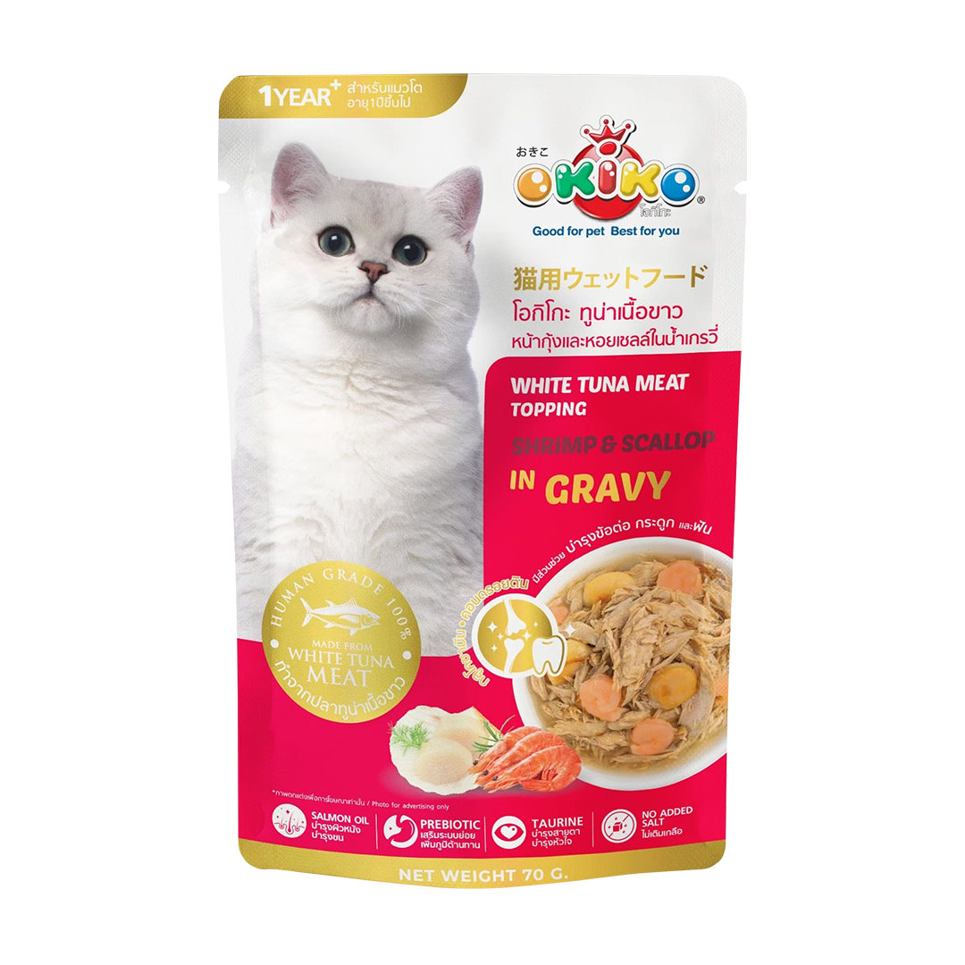 Okiko White Tuna Meat Topping Shrimp & Scallop in Gravy 70g | Cat Food (5pcs. for P120) (Save P105) (Expiry date Nov. 25, 2025)