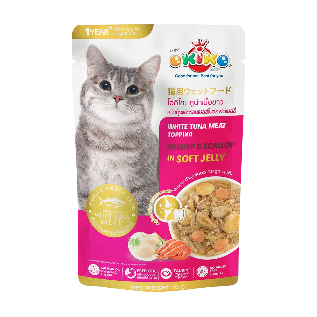 Okiko White Tuna Meat Topping Shrimp & Scallop in Soft Jelly 70g | Cat Food (5pcs. for P120) (Save P105) (Expiry date Nov. 25, 2025)
