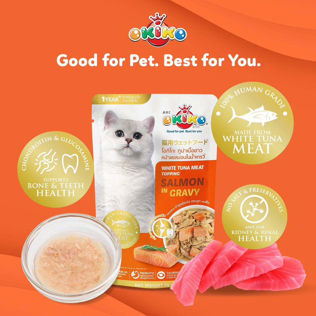 Okiko White Tuna Meat Topping Salmon in Gravy 70g | Cat Food (5pcs. for P120) (Save P105) (Expiry date Dec. 25, 2025)