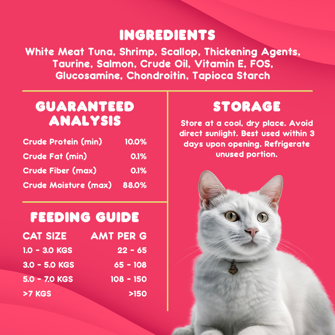 Okiko White Tuna Meat Topping Shrimp & Scallop in Gravy 70g | Cat Food (5pcs. for P120) (Save P105) (Expiry date Nov. 25, 2025)