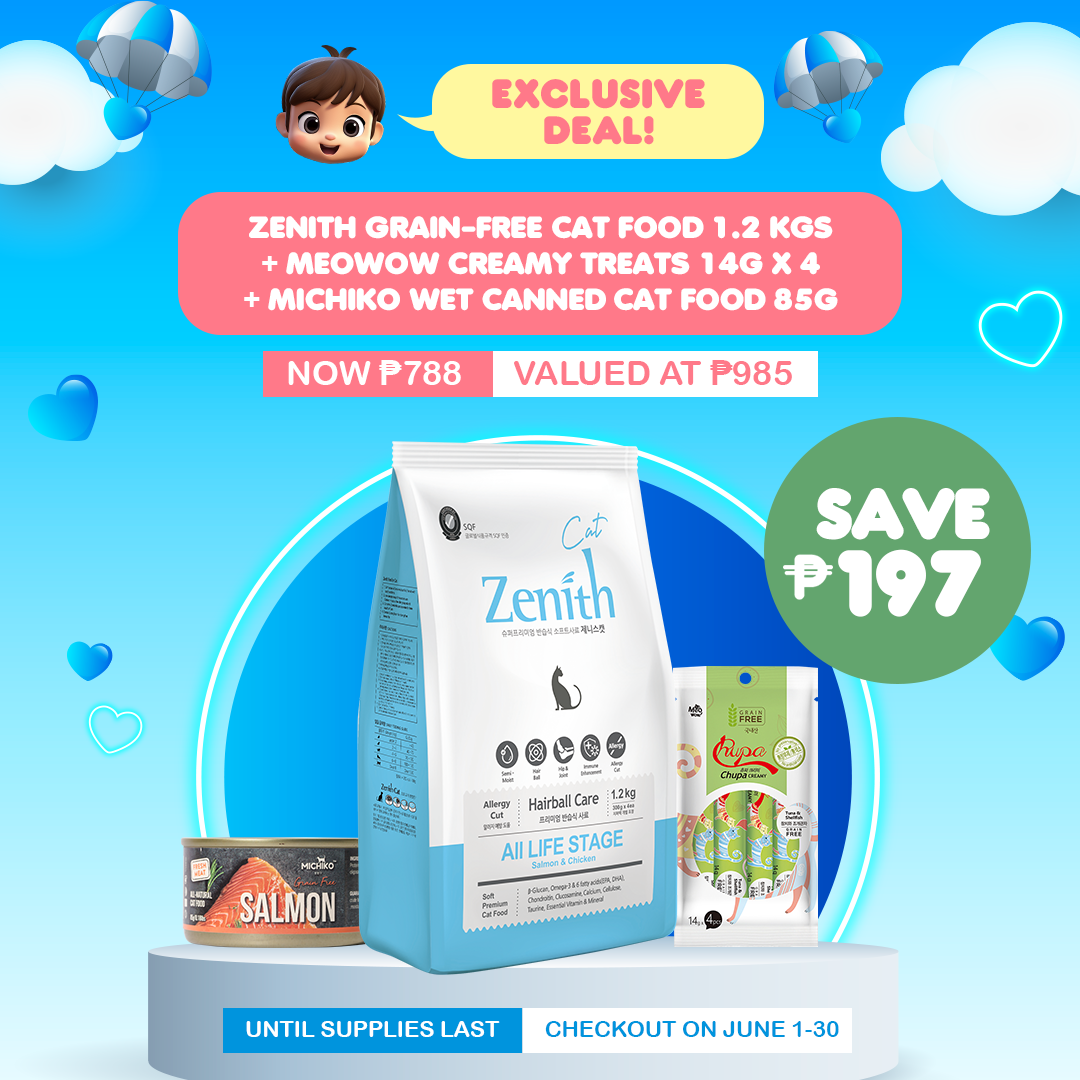 Zenith Grain-Free Soft Moist Cat Food Hairball Care (Salmon & Chicken) 1.2kg + Meowow Chupa Creamy + Michiko Canned Food